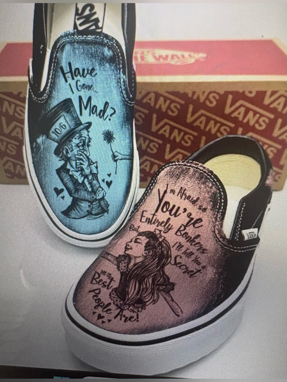 NWOT Vans Women's Alice in Wonderland-Have I gone Mad?  Slip ons; Sz: 7